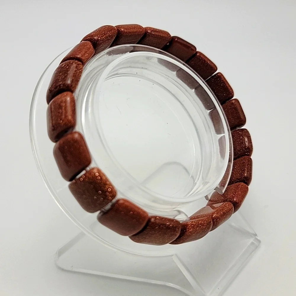 Amber Sandstone Goldstone Aventurine Glass Beaded Stretch Bracelet Unisex 6.50